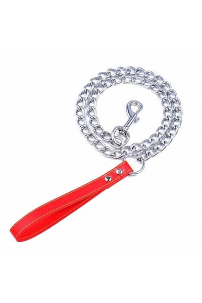 PUFO Lesă cromată pentru câini 3 mm x 120 cm, pufoasă, durabilă, mâner din piele, argintiu/roșu