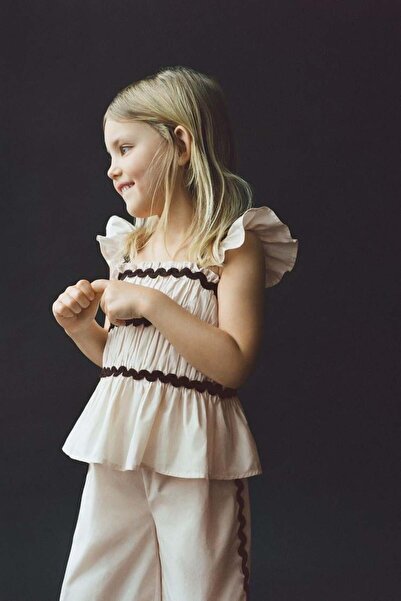 Magu Girls Linen Cream Ruffle Blouse and Wide Leg Pants Set