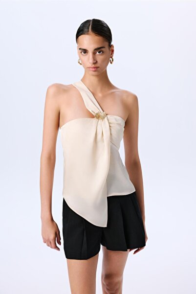 rue Broş Detaylı Şık Bej Bluz