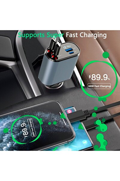 Generic Super Fast Charge 4-in-1 Car Charger with Dual Retractable Cable, Dual Port USB C PD Fast Charging,