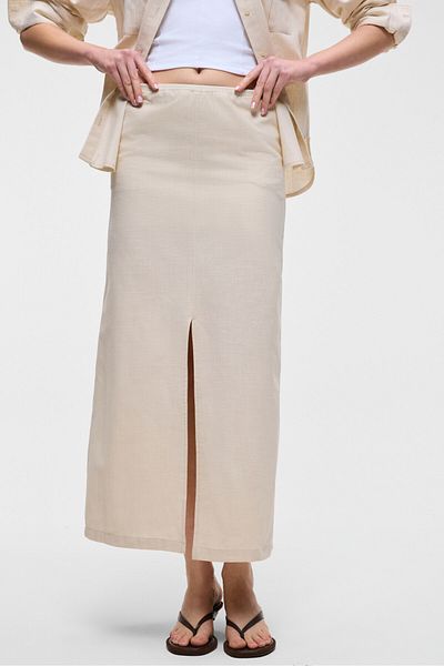 GRIMELANGE Ivern Women's 100% Cotton Linen Look Flared Front Slit Elastic Waist Pocket Midi Beige Skirt