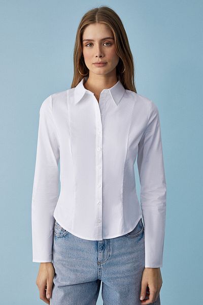 GRIMELANGE Grinne Women's Slim Shirt Collar Long Sleeve Slim Long White Shirt