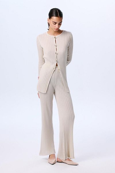 rue Wide Ribbed Glitter Knitwear Cream Trousers