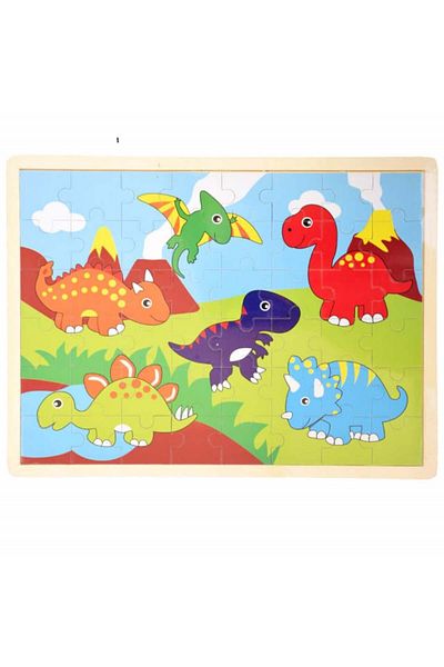 PUFO Puzzle din lemn pentru copii, model Dinozaur fericit, 24 de piese, 40 x 30 cm
