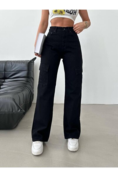 vikigs line Siyah Kargo Cep Wide Legg Bol Paça Yüksek Bel