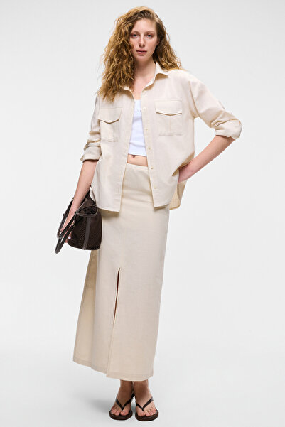 GRIMELANGE Ivern Fusta midi bej pentru femei, 100% bumbac, cu aspect de in, cu fantă în față, talie elastică, cu buzunare