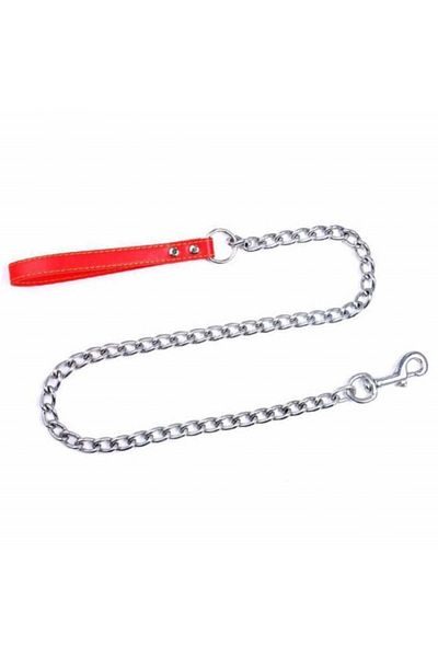 PUFO Lesă cromată pentru câini 3 mm x 120 cm, pufoasă, durabilă, mâner din piele, argintiu/roșu