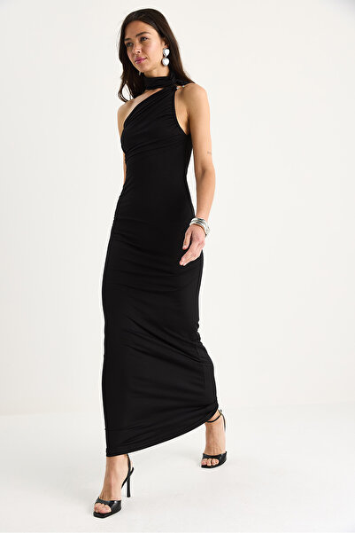 Bianco Lucci Women's One Shoulder Detailed Accessory Sandy Tight Blue Dress Ate-2413 60283394