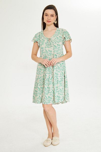 Kutaf Green Natural Patterned Short Sleeve Summer Dress with Lacing Detail