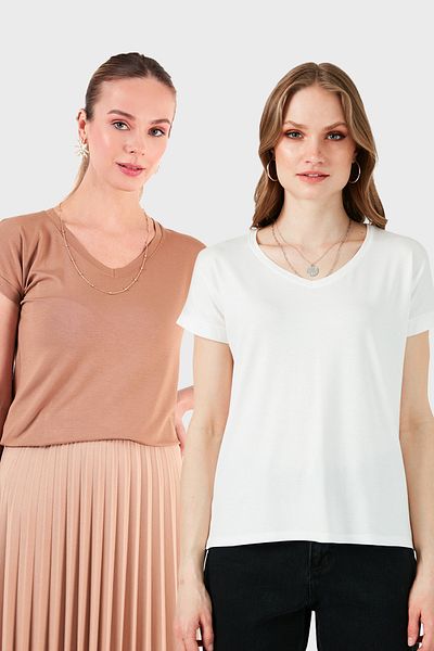 Lela V-Neck Relaxed Fit Slit Detailed 2'Li Package Blouse Bluz 5862000S2