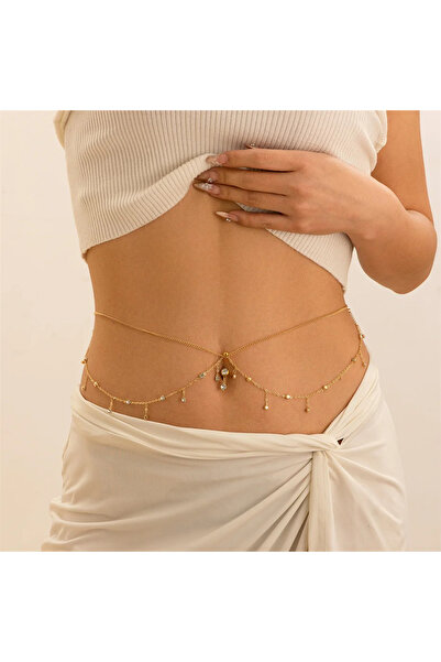 Girift Vintage Avira Taşlı 2 Katlı Bel Göbek Zinciri Piercingli