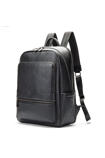 Busy Lady&Gentleman 15' Industrial laptop backpack, men's, genuine leather, trolley support, antiperspirant back, black