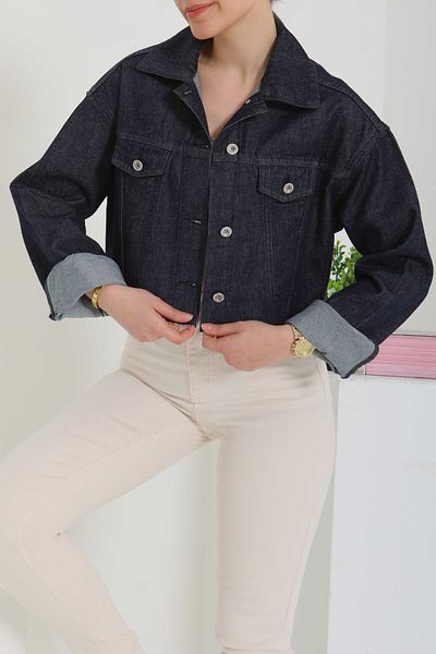 TOFİSA Women's Double Pocket Laser Cut Crop Denim Jacket Anthracite - 26582