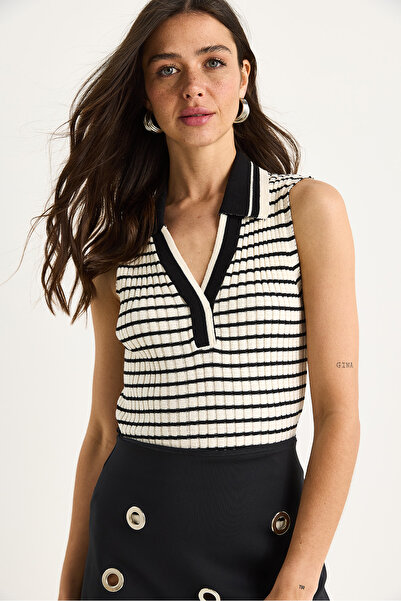 Bianco Lucci Kadın Polo Yaka Çizgili Fitilli Kalın Askılı Yazlık Triko Bluz 20258014