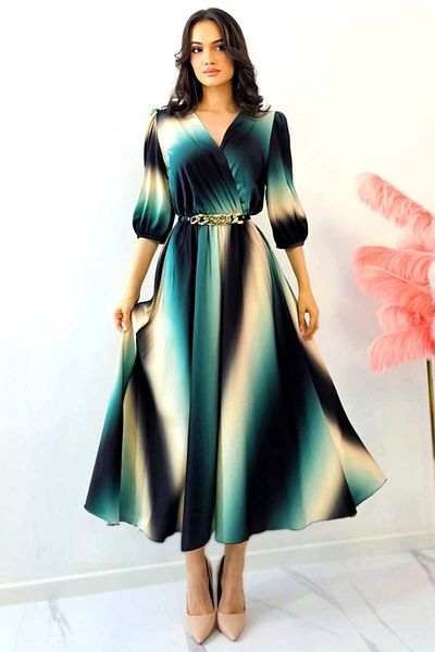 FashionForYou Rochie evazată Lory, cu imprimeu gradient și curea metalică, bleumarin, 44