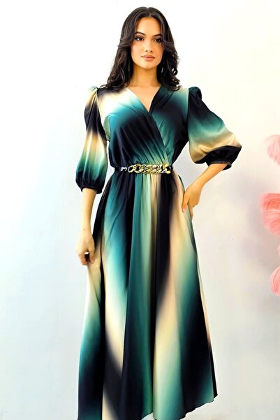 FashionForYou Φόρεμα LORY με καμπάνα , με με τύπωμα και μεταλλική ζώνη, μπλε σκούρο