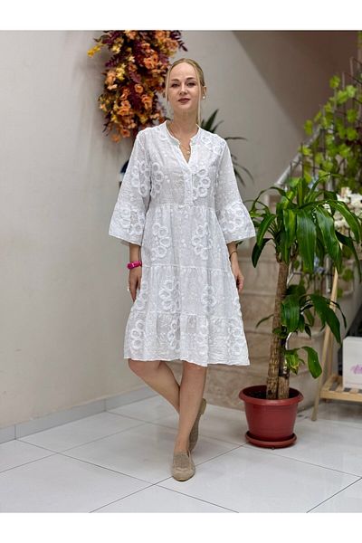 Punta Otantik Yg2067 Italian Brodeled Coton Dress White