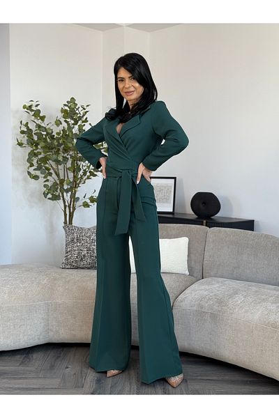 RAMONA BADESCU EXCLUSIVE Elegant Set with Lapel and Wide Leg Pants in Dark Green