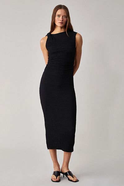 GRIMELANGE Morfy Women's Slim Fit Midi Length Crew Neck Sleeveless Black Dress
