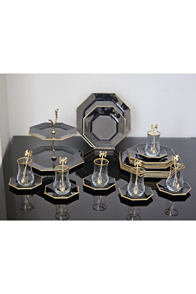 Barok Gold siyah cam pasta ve çay seti