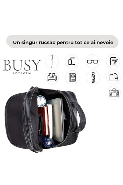 Busy Lady&Gentleman Men's Genuine Leather Backpack, Zenith 2, Large Capacity, Laptop Compartment, Black