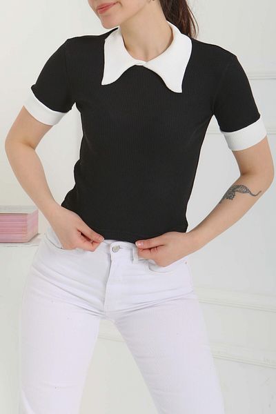 TOFİSA Collar Garnished Crop Black - 27139
