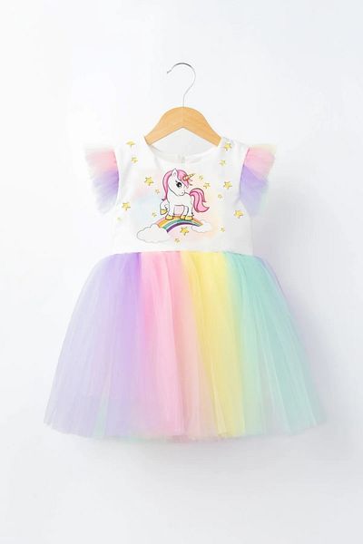 Mortex Μονόκερος εμπριμέ πολύχρωμο Tutu Tulle Βραδινό φόρεμα για κορίτσια Κοστούμι γενεθλίων