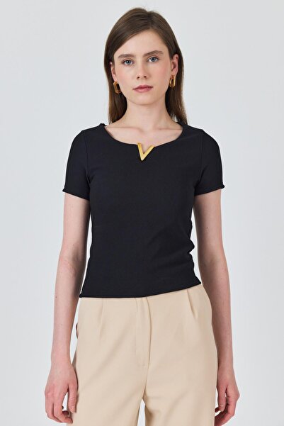 Rays Tricou tricotat cu detaliu accesoriu guler negru 2224