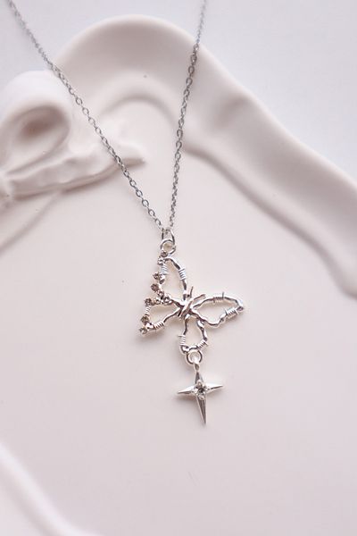 EFBUTİK Silver Color Chain Barbed Wire Butterfly Imported Necklace