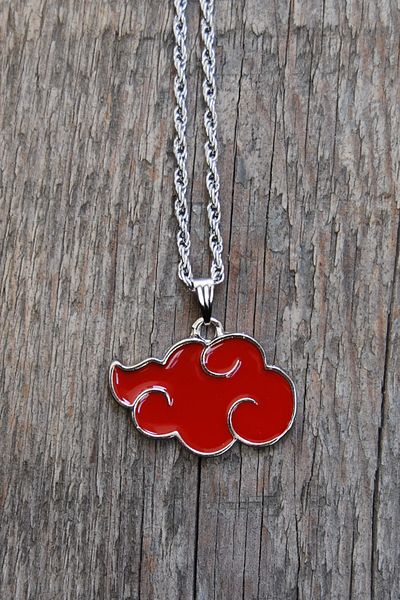 Rua Jewelry Naruto Anime Akatsuki Cloud Necklace - Red Enamel Silver Color with Twist Chain