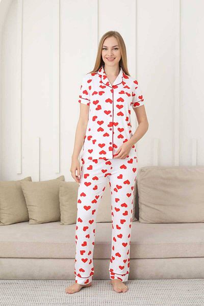 ALİMER Heart Print Women's Sleepwear Set - Front Button Lycra Short Sleeve 2860Ky