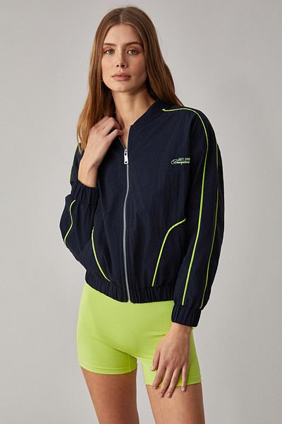 GRIMELANGE Merlyan Women's Bomber Collar Oversize Zippered Navy Blue Jacket