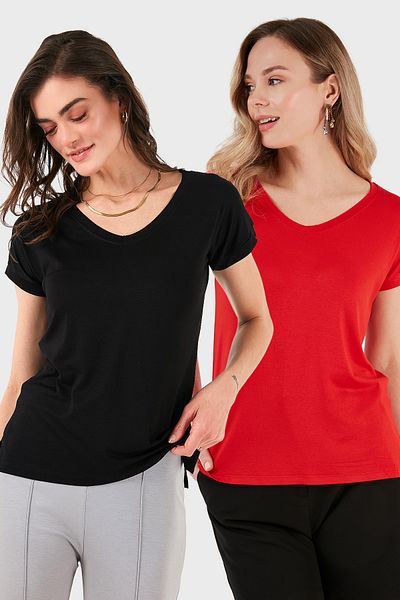 Lela V-Neck Relaxed Fit Slit Detailed 2'Li Package Blouse Bluz 5862000S2