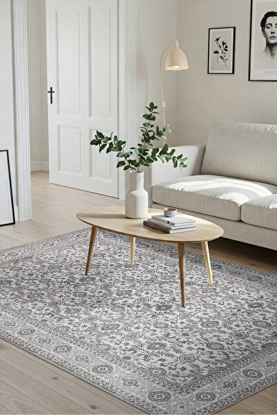ARTLOOP Stonart Eskitme Vintage Desenli Bej/Gri Otantik Yıkanabilir Şönil Halı AL 443