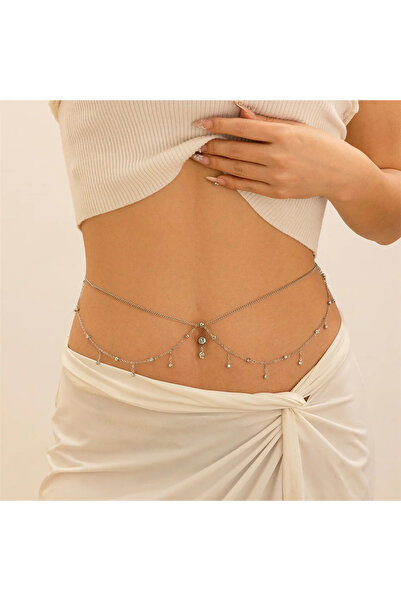 Girift Vintage Avira Taşlı 2 Katlı Bel Göbek Zinciri Piercingli