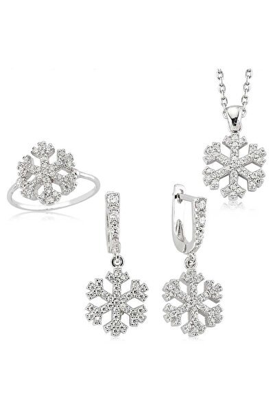 Takı Dükkanı Kar Tanesi Gümüş Kolye Küpe Yüzük Taşlı Üçlü Set tst07