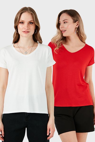 Lela V-Neck Relaxed Fit Slit Detailed 2'Li Package Blouse Bluz 5862000S2