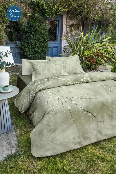 Özdilek Özdilek Green White Sakura King Size Fitted Sheet Duvet Cover Set