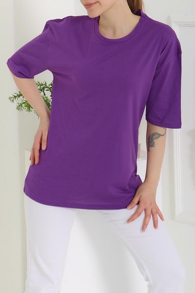 TOFİSA Oversize Short Sleeve T-Shirt Purple - 27118