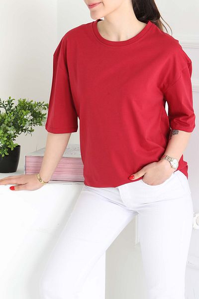 TOFİSA Oversize Short Sleeve T-Shirt Claret Red - 27118