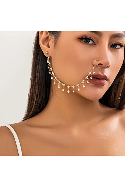 Girift Vintage Aver Taşlı Sallantılı Kulak Ve Burun Zinciri - Hint Hızması