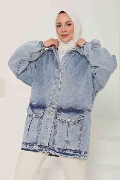 TOFİSA Jachetă de blugi oversize pentru femei, cu buzunar cu burduf, albastru gheață - 26578