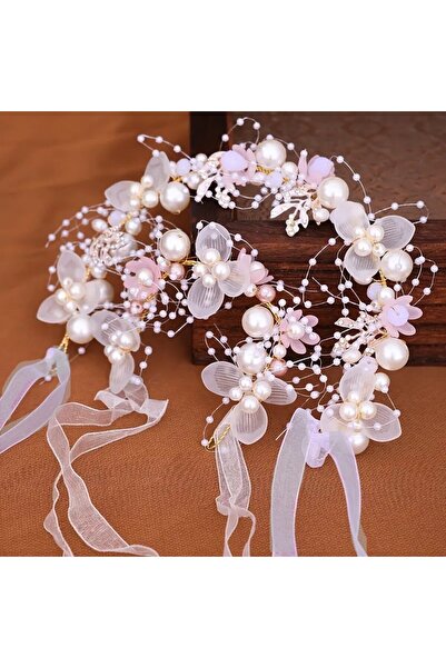 GlassySKY مجموعة إكسسوارات الشعر والأساور ذات الزهور الوردية واللؤلؤ لحفلات ا...