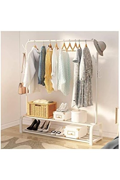 1st شماعة ملابس معدنية مع رفين سفليين وخطاطيف جانبية ابيض