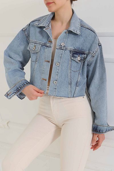 TOFİSA Women's Double Pocket Laser Cut Crop Denim Jacket Blue - 26582
