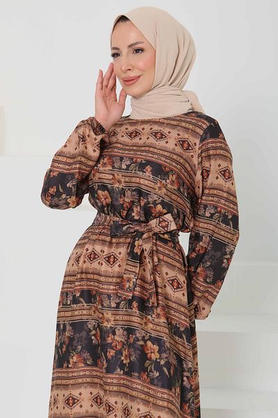 TOFİSA Floral Patterned Belted Dress Black - 27105