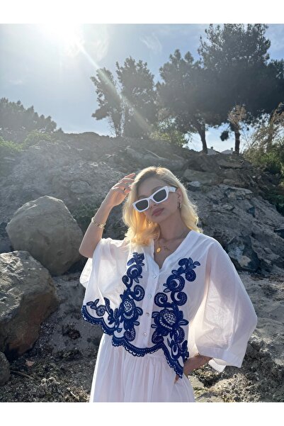 FEHUBLOOM White blue flower embroidered shirt skirt set