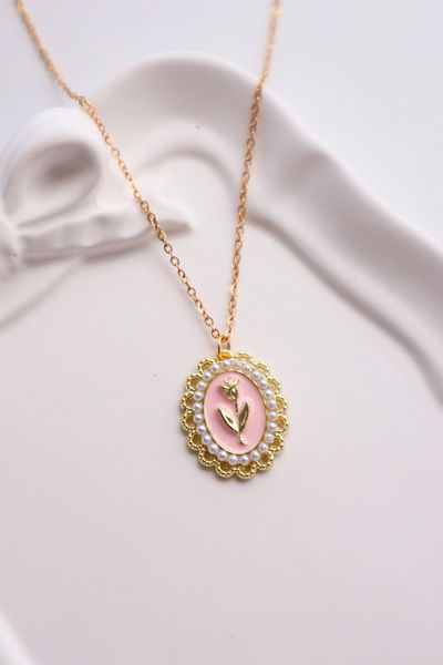 EFBUTİK Gold Color Chain with Pink Pearl Tulip Imported Necklace