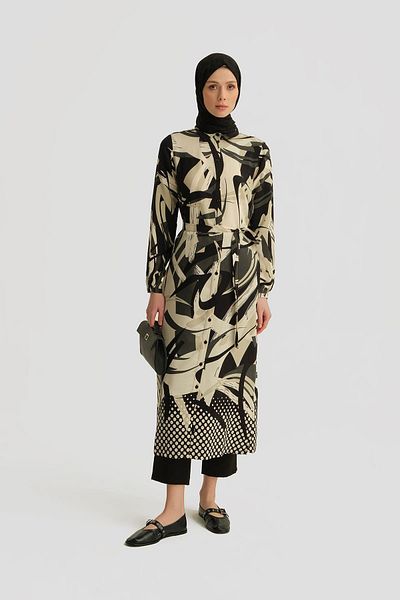 Armine Patterned Viscose Tunic Dress 25Yt402 Black - White