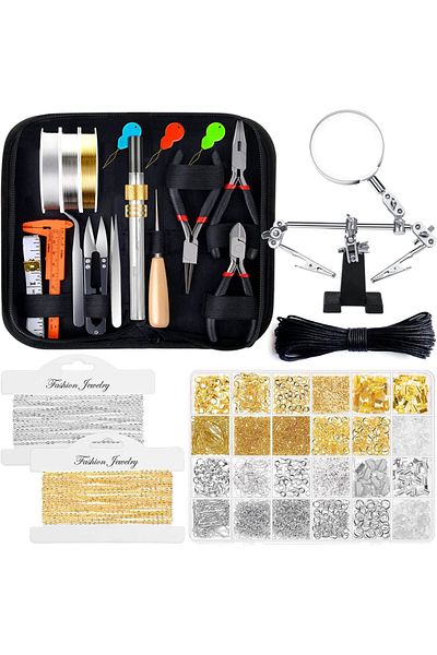 OEM Complete Jewelry Making Kit, Rings, Bracelets, Earrings, Magnifying Glass Included, 3 Pliers